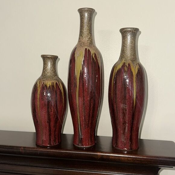 Decorative Vase Burgundy Gold Green Tan Black Streaky Painted set of 3 matching - Picture 1 of 8